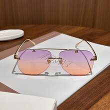 1 Metall Doppelsteg Brillen, Krötenaugen Brillen, randlose personalisierte Mode Brillen, vielseitig elegante Lässig Damen Brillen, geeignet für den täglichen Gebrauch, Straßenfotografie, Urlaubsreisen, Sommer Strand Accessoires, Damen Accessoires, Schule Saison - lila-orange - Übersicht 3