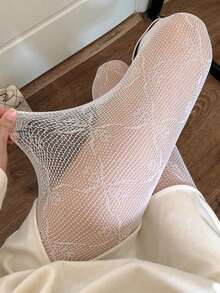 1 Pc Bow Mesh Printed Leggings, Suitable To Pair With Skirts - White - View 2