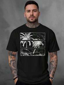 Men's T-Shirt, 100% Cotton, Palms Print - 黑色 - 查看 2
