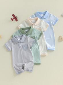 Infant Baby Boy Romper Lapel Collar Short Sleeve Plaid Print Upper Button Jumpsuit - 灰色 - 查看 7