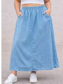 Lightweight Denim Skirt With Elastic Waistband And Pockets - Summer - Rửa nhẹ - Xem 9