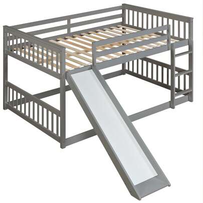 Theeshow Full Over Full Bunk Bed With Slide And Ladder In Grey Color