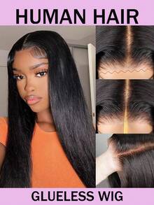 直发无胶假发，180%密度，直发蕾丝前假发，预先拔毛，预先修剪，4x4透明蕾丝闭合，即戴即走，女士假发，自然黑 - Natural Black - 查看 2