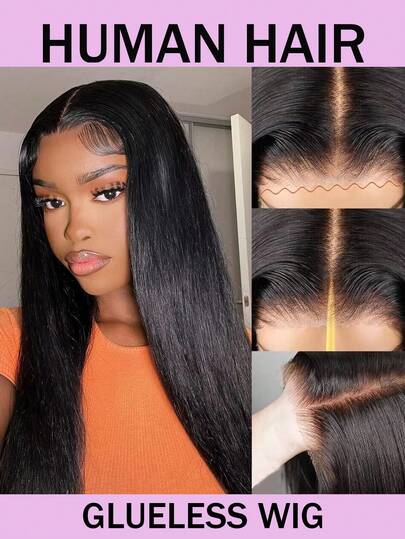 180%密度直发真人发假发，无胶全头假发，4x4透明发际线，预剪预拔自然黑色，即戴即用，女士假发