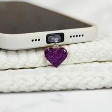 Tangle-Free 1pc Phone Dust Plug, Sparkling Multi-Color Heart Phone Pendant, DIY Accessories, Suitable For IPhone, Android, Type-C Interface, Protect Your Phone Charging Port From Debris, Spring Gift Birthday Party - Purple - View 3