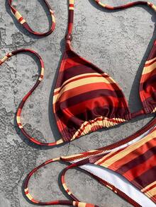 Women's Elegant Red & Orange Striped Halter Neck Swimsuit Set, Suitable For Spring/Summer Beach Vacation, Seaside Activities And Fashionable Festival Outfits - MultiWarna - View 9