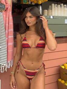 Women's Elegant Red & Orange Striped Halter Neck Swimsuit Set, Suitable For Spring/Summer Beach Vacation, Seaside Activities And Fashionable Festival Outfits - MultiWarna - View 4