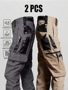 2Pcs Men's Solid & Camo Print Pockets Zipper Waterproof Tactical Cargo Pants Without Belt, Regular Fit Sporty Pockets Durability Trousers For Fall, Wear-Resistant Outdoor Training Pant For Men - kaki + xám - Xem 1