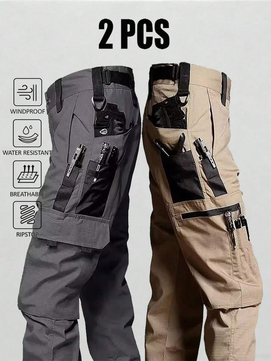 2Pcs Men's Solid & Camo Print Pockets Zipper Waterproof Tactical Cargo Pants Without Belt, Regular Fit Sporty Pockets Durability Trousers For Fall, Wear-Resistant Outdoor Training Pant For Men - kaki + xám - Xem 1