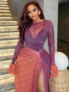 Women's Jumpsuit Skirt 2026 Spring New Slim Women's Clothing Light And Thin Transparent Hip Irregular Skirt Round Neck Pleated Long-Sleeved Dress - 磚紅色 - 查看 4