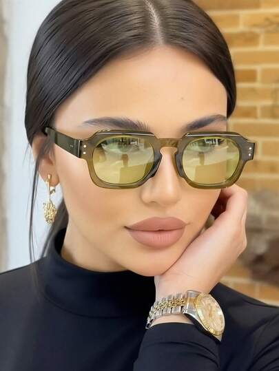 1 par de óculos femininos casuais da moda, na cor verde-oliva, com armação quadrada e rebites.