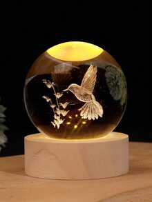 1pc 3D Hummingbird Crystal Ball Laser Engraved Wooden Base Night Light, Suitable As Gift For Friends, Colleagues, Wife, Parents, Christmas, Valentine's Day, Holiday Commemorative Gift, Home Decor Night Light. Multi-Color 3D Laser Engraved Crystal Ball Night Light With Touch Control LED Base, Animal Cube Figurine, Suitable For Home Decor - Multicolor - View 3
