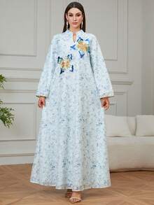 Women's Elegant Robe, V-Neck Applique, Long Sleeve, Suitable For Ramadan, Party, Date, Home Spring - Blue - View 1