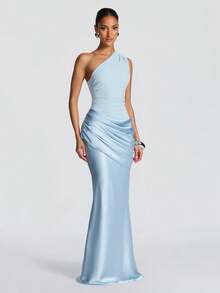 Vestido de cóctel ajustado con hombro asimétrico elegante, diseño fruncido en la cintura y las caderas, adecuado para ocasiones formales, fiestas de cóctel, vestidos de dama de honor, fiesta - Celeste - Ver 3