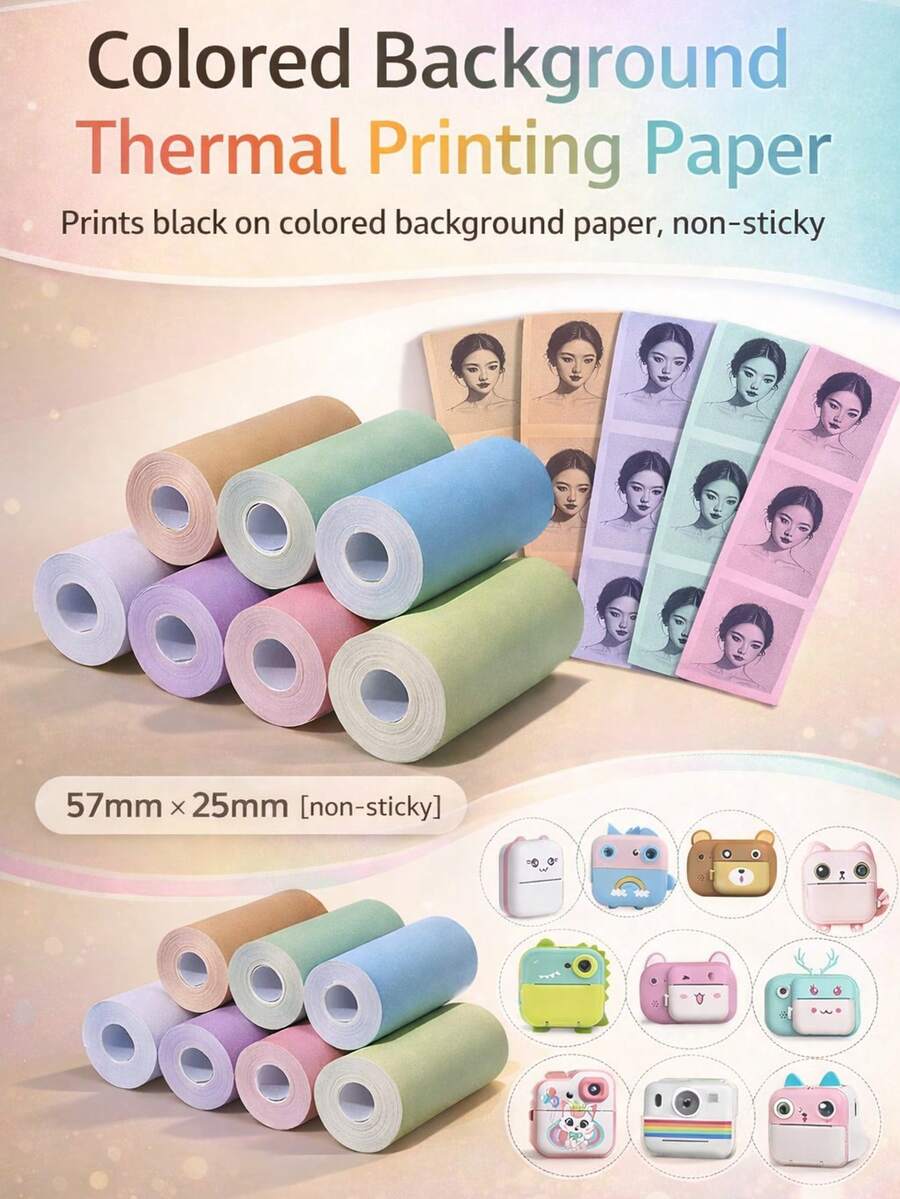 Colorful Mini Printer Paper, Thermal Paper 57 * 25mm For Pocket Inkless Portable Blue-Tooth Printer Mini Portable Printer Paper