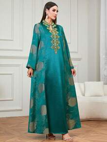 Solessence Áo choàng dài Jalabiya thanh lịch, thời trang dành cho nữ, in họa tiết Jacquard, phối hạt cườm và thêu, thích hợp cho các dịp lễ hội, mặc hàng ngày và ở nhà vào mùa xuân. - Màu xanh lá cây đậm - Xem 5