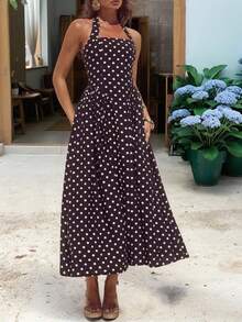 Petite Women's Polka Dot Print Bohemian Elegant Backless Bow Tie Mid-Length Dress, Zipper Back, Suitable For Casual, Holiday Wear - Coffee - View 7