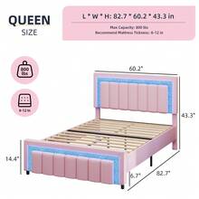 Bedroom Furniture, LED Bed Frame With Velvet Upholstered Headboard, Queen Bed Frame With Modern Diamond Headboard Adjustable, Bedroom Deccor, No Box Spring Needed, Easy Assembly, (USB LED Strip) - Pink - View 8