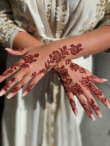 2 Sheets Full Hand Flower Design Brown Red Maroon Sexy Foot Finger Hand Tattoo Stickers Women Flower Henna Tattoo Stickers Flower Waterproof Stickers Brown Tattoo Stickers Women Body Art Stickers Wedding Party Brown Red Tattoo Stickers - Red - View 3