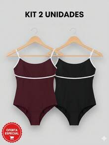 Kit 2 Body Preto e Marrom de malha plus size sem mangas com decote redondo, acabamento contrastante e tecido altamente elástico. - Preto - Visão 7