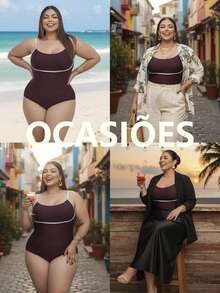 Kit 2 Body Preto e Marrom de malha plus size sem mangas com decote redondo, acabamento contrastante e tecido altamente elástico. - Preto - Visão 3