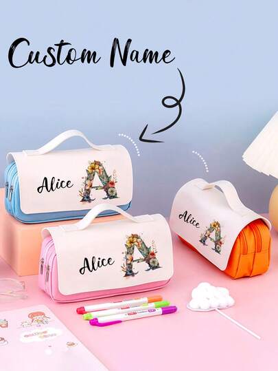 Customizable Personalized Pencil Case, Large Capacity Three-Layer Pencil Pouch With Floral And Letter Patterns, Stationery Box, Cute Student Pencil Case. Customizable, Personalized, And Unique, Perfect For Back-To-School Season, Students, School Use, Birthday Gifts, Etc.