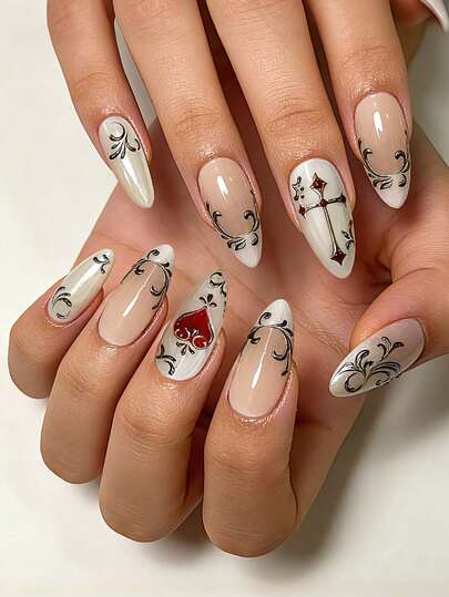 10pcs French Tip Acrylic Press On Nails Medium Almond Press On Nails 3D Sliver Gilding Chrome Line Decoration Red Heart Design Fashion Y2K Style Surface Glossy Full Cover Fake Nails For Women And Girls Daily Wear