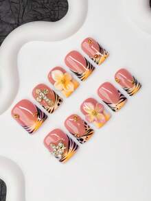 10pcs/Set Handmade Square Nail Tips With French Edge, Zebra Print, Carving, Flower, Star, Cross Design, Shiny Nail Art Decorations, Suitable For Party, Wedding, Daily Wear, Comes With Tool Kit, Great Gift For Women And Girls Press On Nails - Multicolor - View 1
