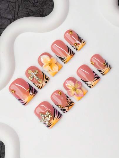 10pcs/Set Handmade Square Nail Tips With French Edge, Zebra Print, Carving, Flower, Star, Cross Design, Shiny Nail Art Decorations, Suitable For Party, Wedding, Daily Wear, Comes With Tool Kit, Great Gift For Women And Girls