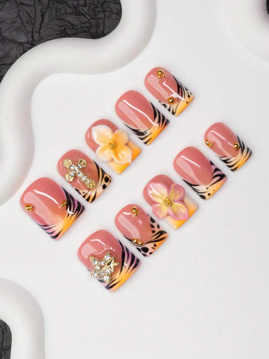 10pcs/Set Handmade Square Nail Tips With French Edge, Zebra Print, Carving, Flower, Star, Cross Design, Shiny Nail Art Decorations, Suitable For Party, Wedding, Daily Wear, Comes With Tool Kit, Great Gift For Women And Girls Press On Nails - Multicolor - View 1