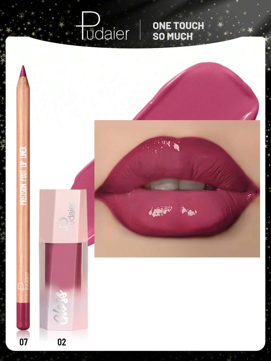 Pudaier 2pcs Valentine's Day Lip Gift Set: Includes Lip Liner Pencil And Lip Gloss, Suitable For All Skin Tones - 07+02 - View 1