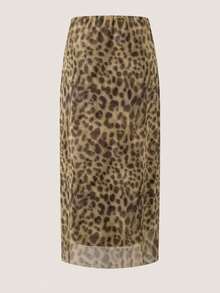 Leopard Print Mesh Skirt - Mocha Brown - View 2