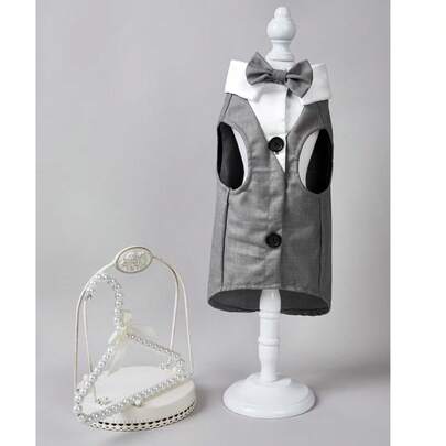 1pc Classic Pet Suit, Dog Tuxedo With Bow Tie, Summer Grey Dog Suit With Button Trim