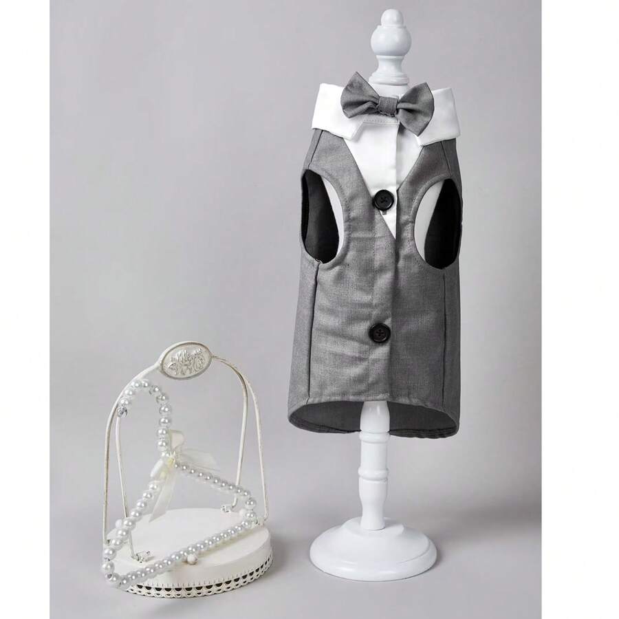 1pc Classic Pet Suit, Dog Tuxedo With Bow Tie, Summer Grey Dog Suit With Button Trim - Grey - View 1