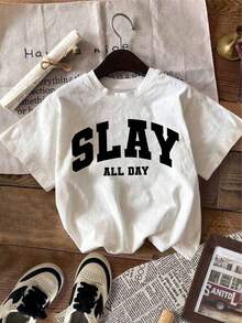 Teenage Girls' Cartoon Slogan & Letter Print Round Neck T-Shirt, Casual Soft Top For Spring/Summer - White - View 3