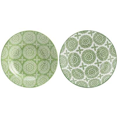 2pcs 8-Inch Glossy Ceramic Soup Plates, Green Base With White Flowers And White Base With Green Mandala Patterns, Underglaze Painting Technique, Rounded Edges For Non-Slip And Easy Grip, Microwave/Dishwasher/Oven , Scratch-Resistant And Easy To Clean, Suitable For Pasta, Thick Soup, Salad Serving And Family Dining, Refreshing Retro Style To Enhance Dining Ambiance