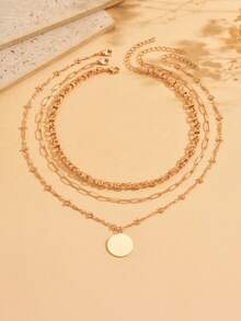 3pcs/Set Fashionable Versatile Gold Chain Layered Handmade Choker Necklace With Circular Pendant, Stylish Jewelry For Women To Wear Casually, On Dates, Parties, Music Festivals - Golden - View 2