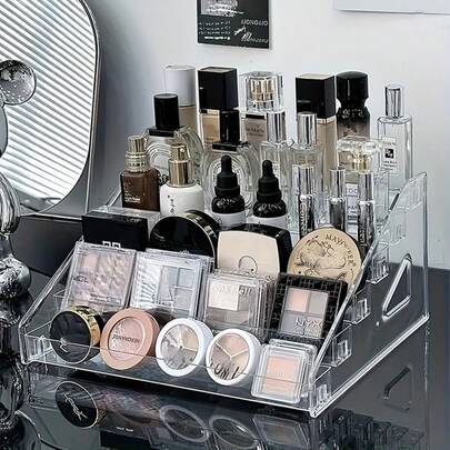 Soporte de exhibición de cosméticos de acrílico transparente de tres niveles, adecuado para exhibir joyas, insignias y talla grande, ajustable y duradero, organizador de perfumes