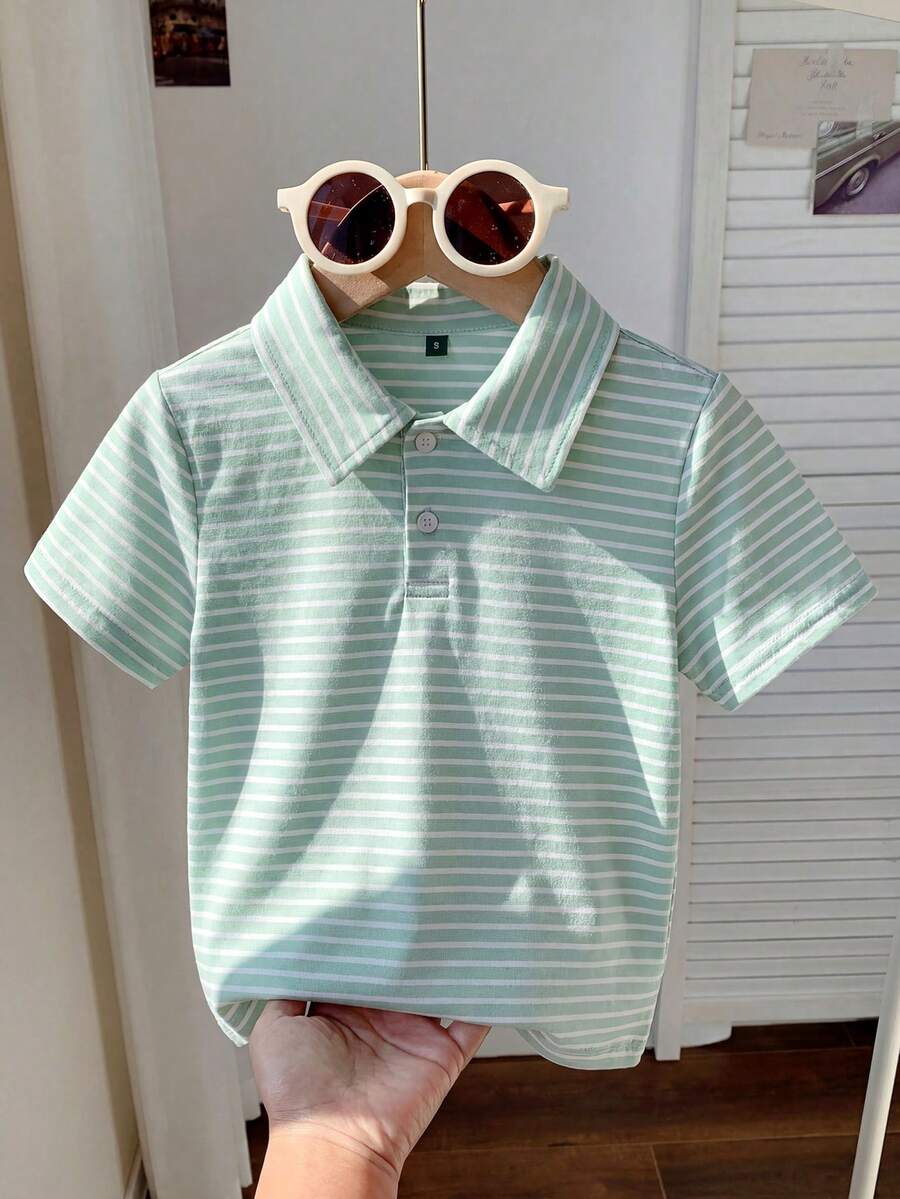 1pc Young Girl' Mint Green Striped Polo Shirt, Short Sleeve, Fresh Summer Style - Green - View 1
