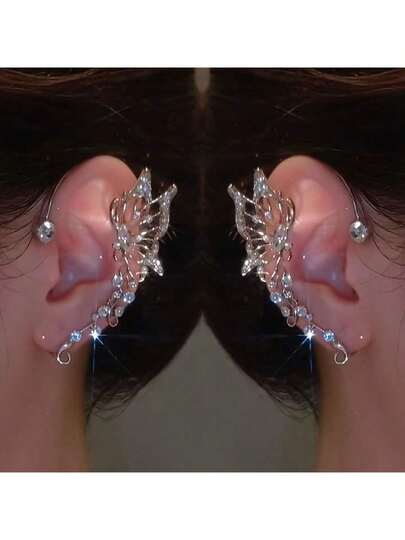 1 Pair Fashion Butterfly Fairy Earrings, Silver, Copper Material - Shiny, Creative, Non-Piercing Design, Luxury Handmade Fantasy Character Elf Ears, Valentine's Day Gift, Back To School Gift, Suitable For Women, Ideal For Costume Parties/Themed Events, Stage Decoration Jewelry