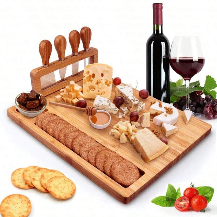 4pcs Cheese Board Set, 4pcs Cheese Knife Set, Wooden Bread Board & Cutting Board For Kitchen - Brown - View 1