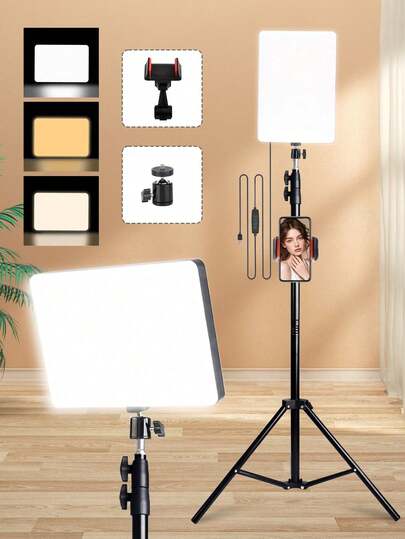 Shockproof Large Size Phone Photography Accessories 10 Inch Flat Panel Light With 42cm Extension Rod Extendable To A Height Of 160cm Adjustable Tripod Two Piece Extension Rod Detachable With Phone Clip Fully Covered For Increased Brightness Perfect For Photography Makeup Group Selfies Meetings And Real Time Video Recording LED Light USB Power Supply Women's Day Birthday Gift Party