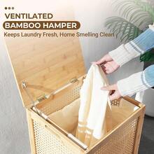 Bamboo-Laundry-Hamper-Wicker-Basket-With-Lid Large Wood Laundry Hampers Basket Bin Storage Organizer For Dirty Clothes, Laundry Room, Bathroom, Bedroom, Living Room, Home Decor(13Gallon/50L) - Natural - 查看 7