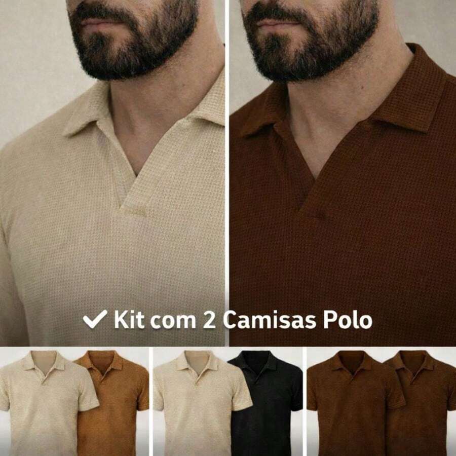 Kit Of 2 Italian Textured Polo Shirts Without Buttons, Slim Sleeves. - Màu be và màu be - Xem 1