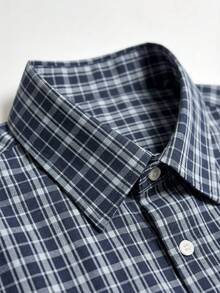 Men's Slim Fit Plaid Shirt, Navy Blue & White Fine Gingham Shirt, Minimalist Stylish Short Sleeve Top - Multicolor - View 4