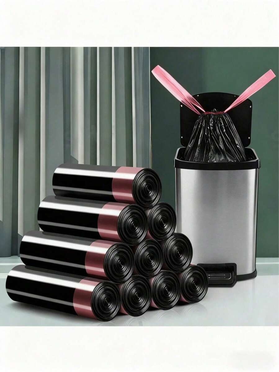 30/75/105pcs Drawstring Trash Bags, Thick Heavy Duty Black Plastic Bags For Home, Kitchen, Bedroom, Bathroom, Hotel, Convenient