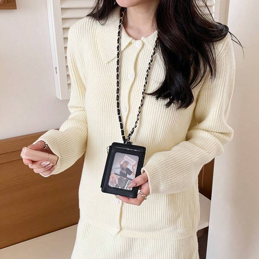 Japanese Style Halter Chain Card Holder Wallet, Women Quilted Leather Card Case (Detachable Strap) - Multicolor - View 1