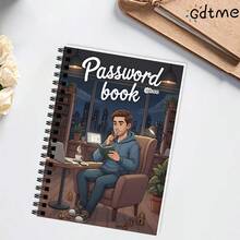GDTME 1本密码本，双面印刷，双螺旋装订。封面设计描绘了一位男士在舒适的家庭办公室环境中阅读书籍，背景元素包括咖啡、笔记本电脑和绿植，以及“密码本”字样。专为都市居民设计。文具、日记本、笔记本、办公用品。 - ZJ-362男青年密碼記事本(A5) - 查看 6