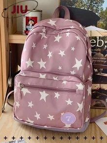 防盗多隔层星形印花学院风尼龙双肩包，可装15.6英寸笔记本电脑，多口袋轻便书包，多功能书包，大容量旅行包 - 彩色 - 查看 2
