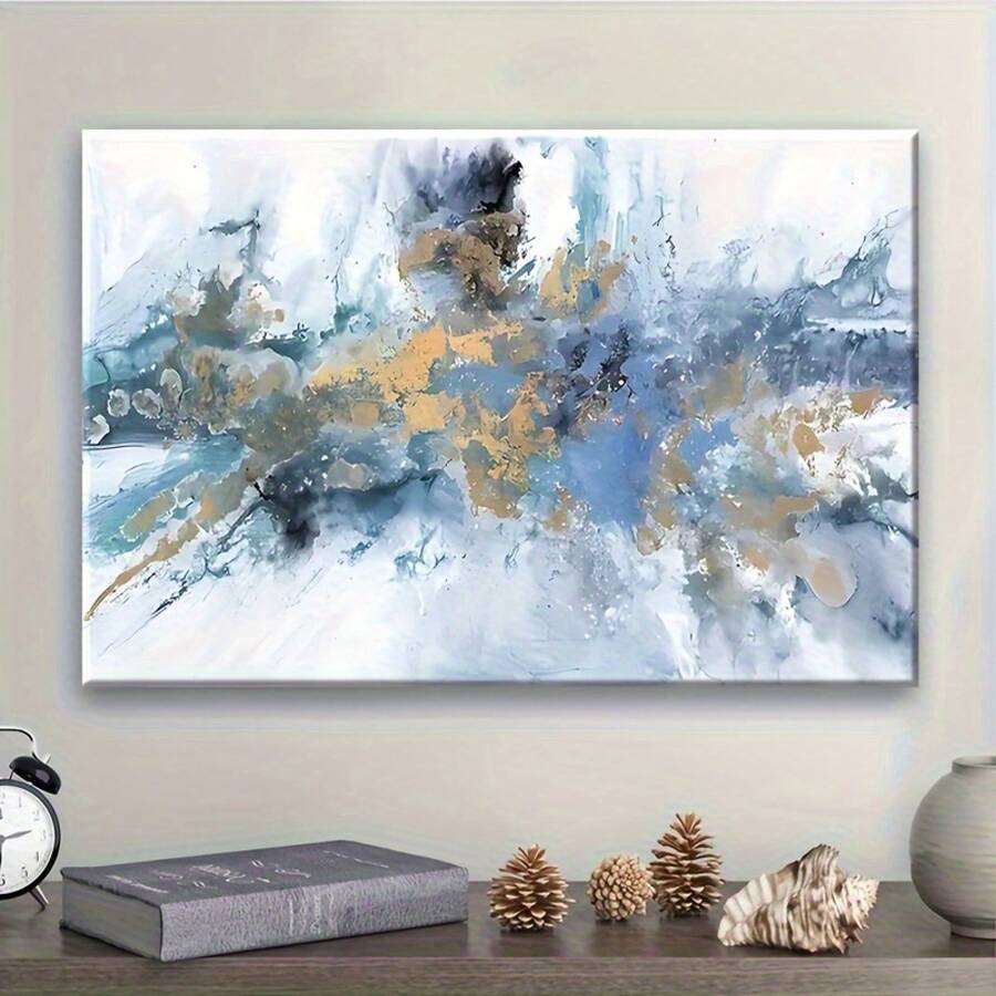 1pc Modern Abstract Wall Art Suitable Bedroom, Office & Living Room Decor - Navy Blue Golden White Wrapped Canvas Painting With Hook Frame, Minimalist Neutral Palette Home Decoration, Elegant Housewarming Or Easter Festival, 2D Flat - 1 - View 1